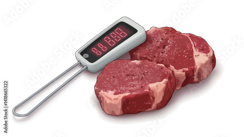 High-angle, close-up studio shot against a pure white background.? The image features two raw beef steaks, exhibiting a marbled texture and rich red color