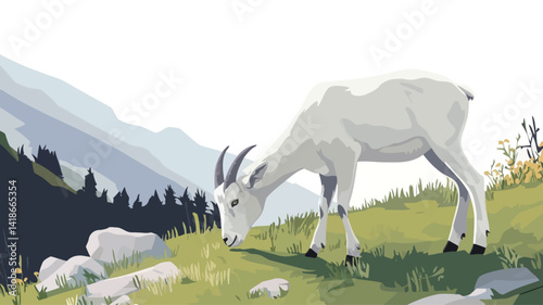 This digital painting depicts a white mountain goat gracefully grazing on a vibrant green alpine meadow.  The goat is rendered in a stylized, vector-like manner