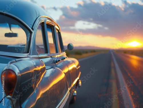 Vintage car on a road at sunset