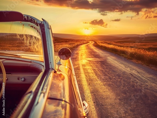 Classic Car on a Winding Country Road at Sunset