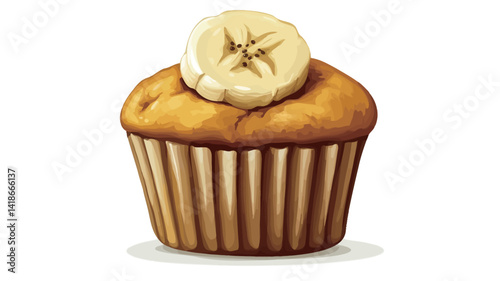 A digital illustration of a single banana muffin, rendered in a painterly style. The muffin is light golden-brown, exhibiting a slightly textured surface suggestive of a moist crumb