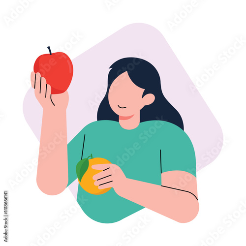 Healthy Lifestyle by Consuming Fruits. woman holding apple and orange for a healthy and balanced diet. vector illustration