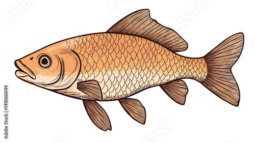 A detailed digital illustration of a golden carp fish is presented in profile view. The fish is rendered with meticulous attention to detail, showcasing its scales depicted with varying shades