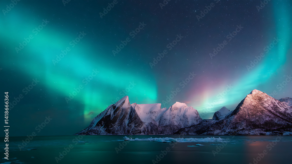 Naklejka premium Aurora borealis green and blue. Northern lights in winter mountains. Sky with polar lights and stars polar lights over ice and snow landscape