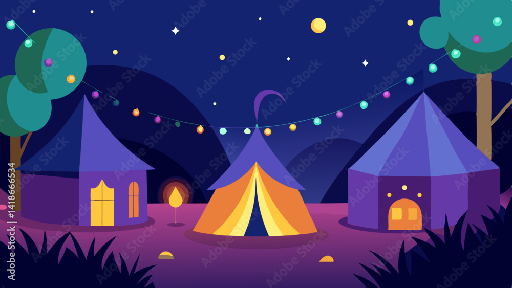 Fototapeta premium Enchanted Tents Glowing in Starry Night