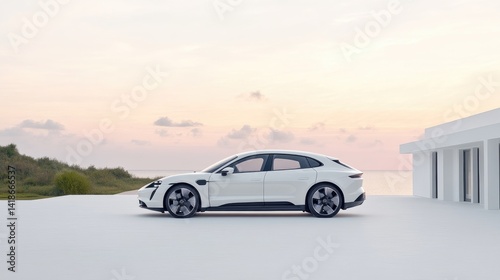 Sleek white electric car parked on a pristine white surface overlooking a tranquil ocean view