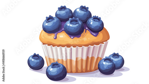 A digital painting or illustration showcases a single blueberry muffin, rendered in a vibrant, almost painterly style. The muffin is depicted with a pale yellow top