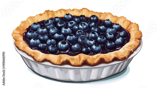 A high-angle, close-up shot depicts a single serving of blueberry pie presented in a small, fluted, white ceramic dish. The pie showcases a generous filling of plump
