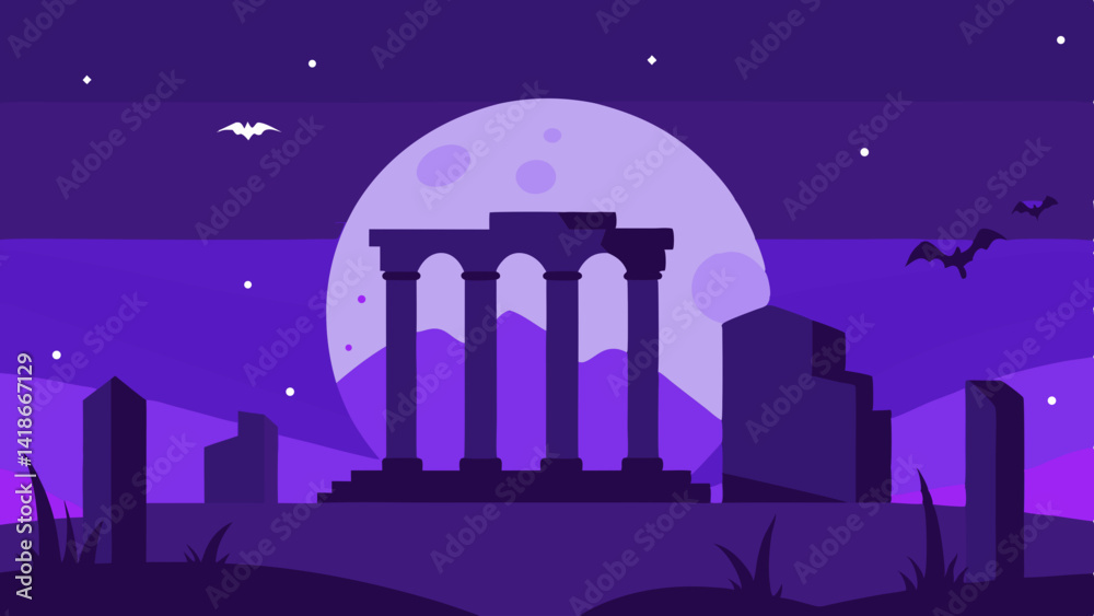 Fototapeta premium Ancient Ruins under Halloween Moon Illustration