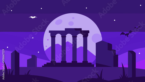 Ancient Ruins under Halloween Moon Illustration