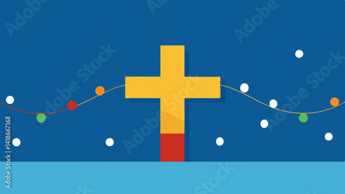 Background with Cross Snow and Christmas Lights Design