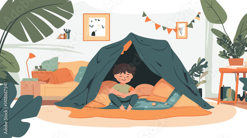 A digital illustration depicts a young boy contentedly seated within a blanket fort constructed from a teal-colored fabric draped over pillows and cushions situated on a pale orange rug