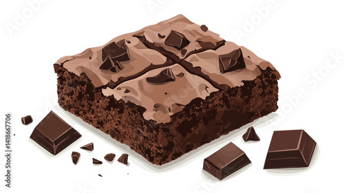 A high-resolution close-up photograph showcases a square chocolate brownie, meticulously rendered with attention to detail. The brownie's rich, dark brown color contrasts beautifully against 