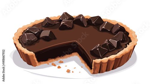 A digitally rendered image of a chocolate tart presented on a white plate against a stark white background. The tart features a deep brown, glossy chocolate filling generously studded with