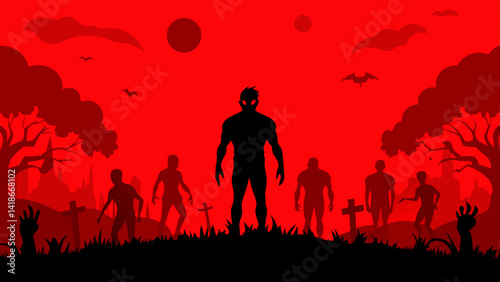 bloody Halloween background with zombies and red moon creepy design