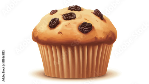 A digitally rendered close-up shot of a single raisin muffin against a stark white background. The muffin exhibits a slightly irregular, dome-like shape with a golden-brown crust