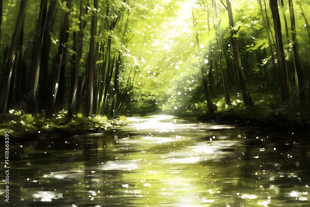 Obraz premium Sunlight streams through a tranquil forest stream.