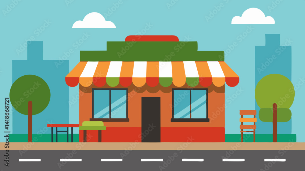 Obraz premium Cartoon Cafe Street View Illustration