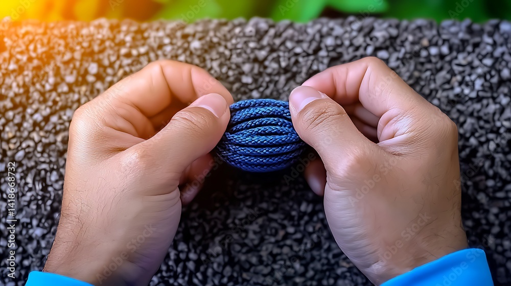 Hands skillfully tying a blue rope against a textured surface with greenery in the background Hands skillfully tying a blue rope against a textured surface with greenery in the background