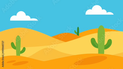 Cartoon Desert with Cactus and Sand Dunes Art