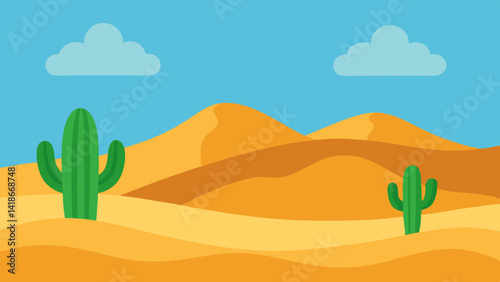 Cartoon Desert with Cactus and Sand Dunes Scene