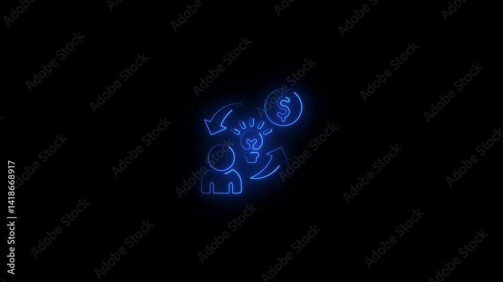 Glowing Neon self-fulfillment icon.man with arrow and dollar with blub icon animation on a dark Background Glowing Neon self-fulfillment icon.man with arrow and dollar with blub icon animation on a dark Background