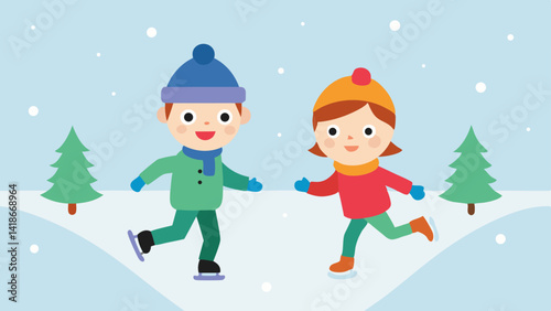 Cartoon Kids Ice Skating on Christmas Day Art