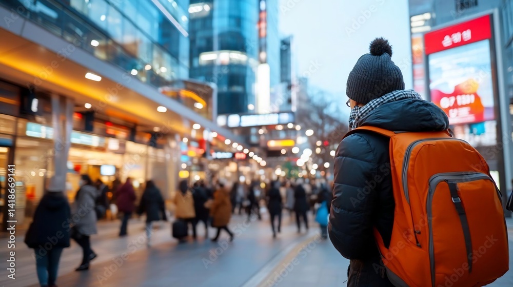 A person with a backpack stands observing a crowded street scene filled with blurred figures and vibrant storefronts illuminated by city lights. The atmosphere conveys a sense of urban exploration A person with a backpack stands observing a crowded street scene filled with blurred figures and vibrant storefronts illuminated by city lights. The atmosphere conveys a sense of urban exploration