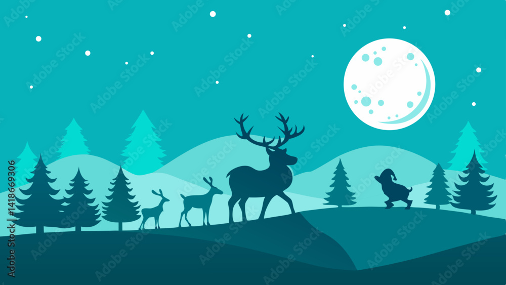 Christmas Background with Santa and Reindeer Silhouette Scene Christmas Background with Santa and Reindeer Silhouette Scene