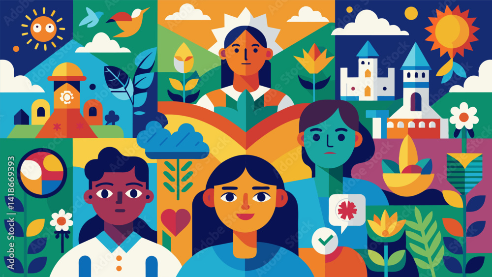 A vibrant mural featuring different cultural symbols and imagery celebrating the diversity and unity within the community.. Vector illustration