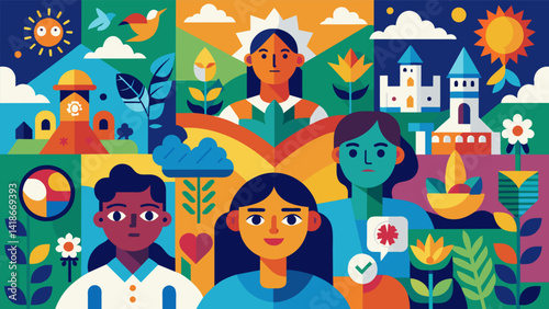Obraz na płótnie A vibrant mural featuring different cultural symbols and imagery celebrating the diversity and unity within the community.. Vector illustration w salonie