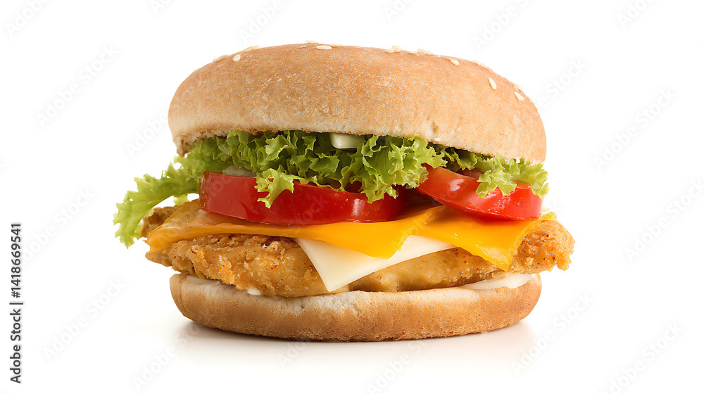 hamburger with fried chicken, tomatoes, cheese and salad on a white background, american fast food, cheeseburger, picture of food hamburger with fried chicken, tomatoes, cheese and salad on a white background, american fast food, cheeseburger, picture of food