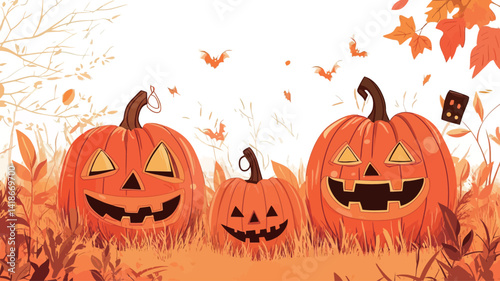 A digital illustration showcases three intricately carved jack-o'-lanterns nestled amongst stylized autumn foliage. The pumpkins are rendered in varying sizes