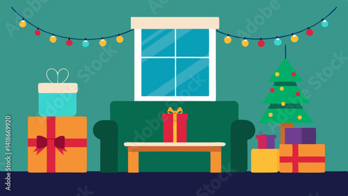 Christmas Living Room Background with Cozy Gifts and Decor