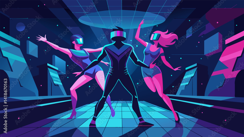 In a neonlit virtual dance studio dancers harness their inner cyberpunk with highenergy routines.. Vector illustration