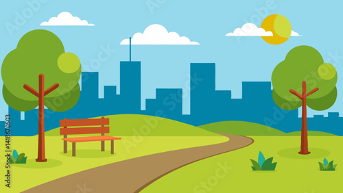 City Park with Walking Path and Benches under Blue Sky