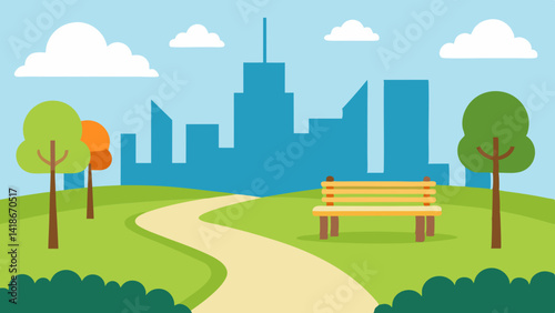 City Park with Walking Path and Benches in Spring Season