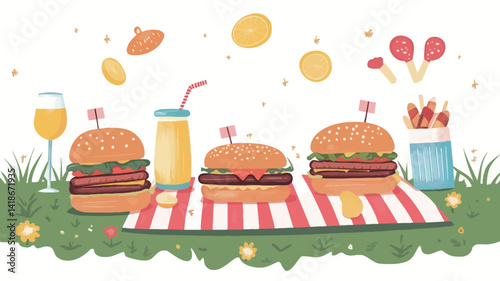 A vibrant vector illustration depicting a cheerful picnic scene.  Three juicy double cheeseburgers are arranged on a red and white striped picnic blanket