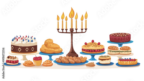 A vibrant digital illustration showcasing a diverse array of Hanukkah sweets arranged on various cake stands and plates against a stark white background