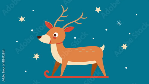 Cute Reindeer and Sleigh Flying in Starry Christmas Night Sky