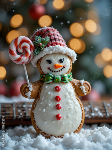 gingerbread snowman in a hat and striped lollipop on the background of a guitar riff with Christmas tree decorations. warm melodies of winter holidays