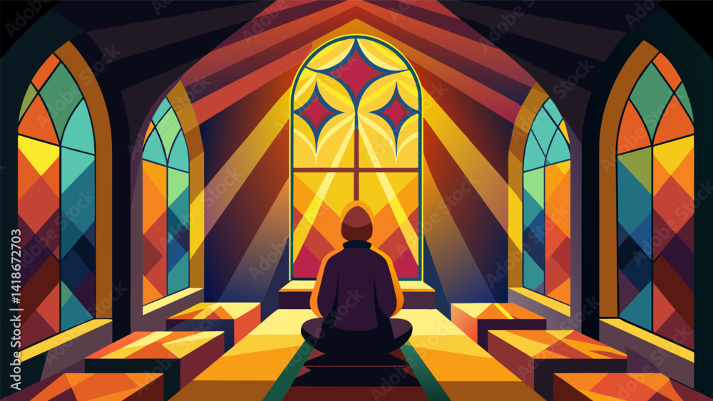 Golden sunlight filters through stained glass windows casting colorful patterns on the walls of the quiet chapel where a person sits in meditation.. Vector illustration