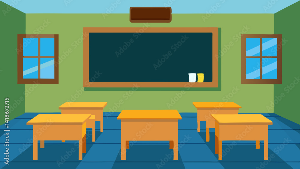Fototapeta premium Schoolroom Background with Blackboard and Chairs Vector
