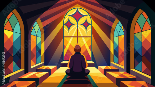 Obraz na płótnie Golden sunlight filters through stained glass windows casting colorful patterns on the walls of the quiet chapel where a person sits in meditation.. Vector illustration w salonie