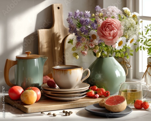 Wallpaper Mural bedroom with graphic elements A charming arrangement of tea and fresh fruits with blooming flowers, creating a cozy and inviting atmosphere in a sunny kitchen. Torontodigital.ca