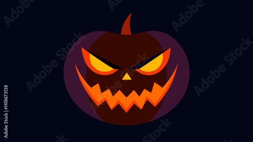 Glowing Evil Pumpkin Face on Dark Halloween Background Illustration