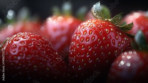 Close-up shot of fresh red berries with water droplets and green leaves. The fruits are arranged closely with blurred bokeh background