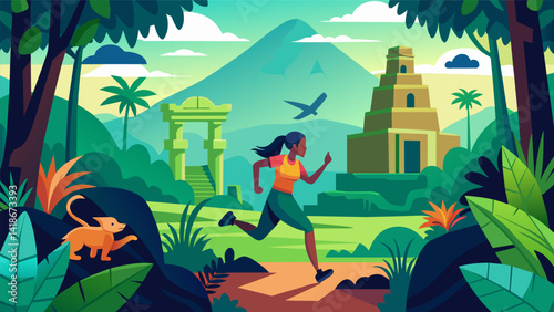 Jogging through a virtual jungle the adventurer encounters exotic wildlife and ancient ruins hidden a the lush greenery.. Vector illustration