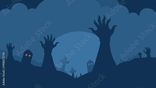 Zombie Hands in a Foggy Night Halloween Scene Design
