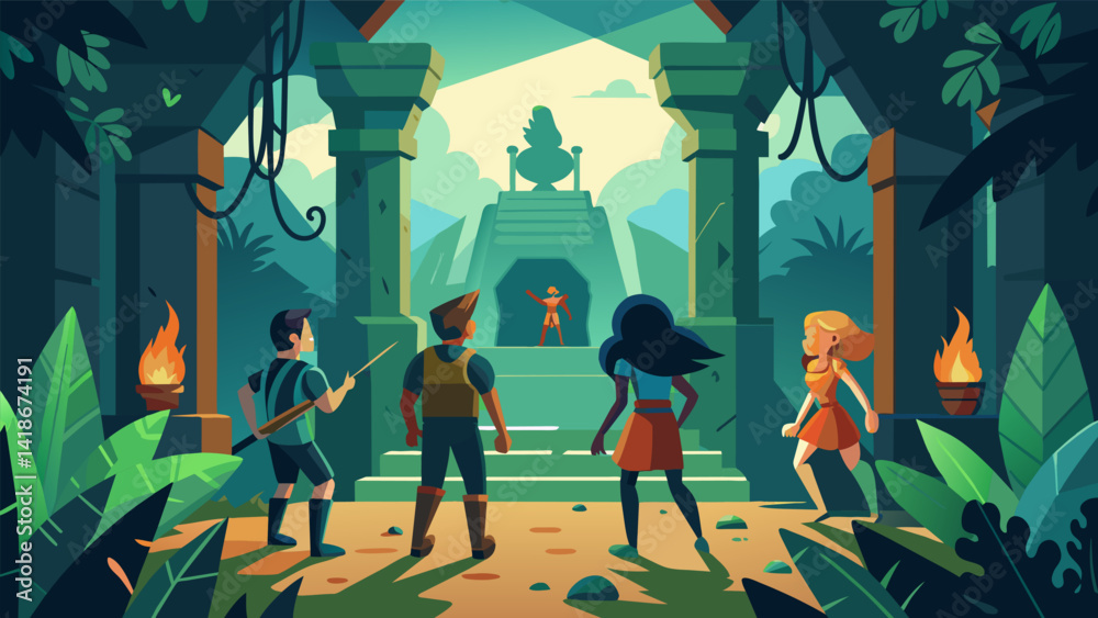 Join a group of adventurers as you warm up for your workout by navigating through a virtual obstacle course in a deserted jungle temple.. Vector illustration